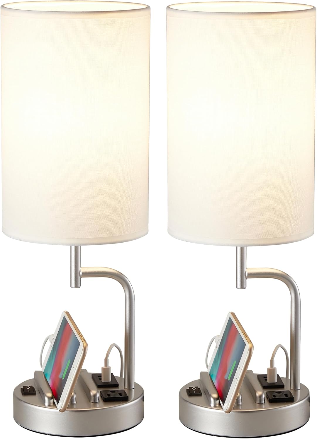 Lámpara Dreamholder - 2 lámparas de mesa con 3 puertos de carga USB, moderna lámpara de escritorio con toma de corriente alterna y soportes para teléfono, para dormitorio, sala de estar y oficina, plateado