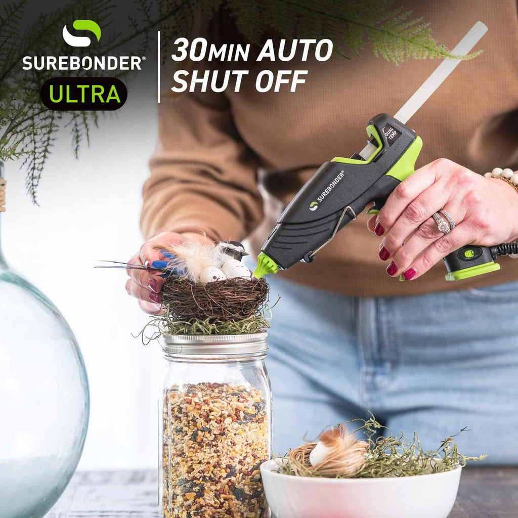 Pistola de pegamento caliente Surebonder con apagado automático, doble temperatura, tamaño completo, 1.5 veces la potencia de las pistolas de pegamento tamaño completo, temperatura de fácil ajuste