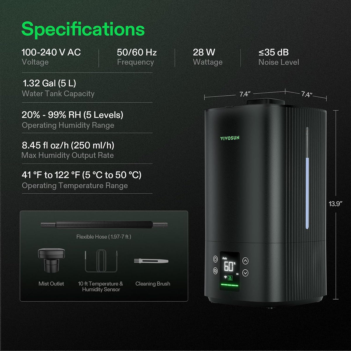 VIVOSUN AeroStream H05 Humidificador WiFi inteligente de 1.32 galones con