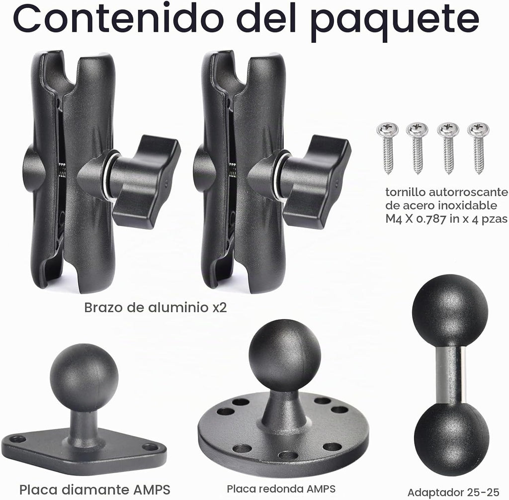 Soporte de bola de aluminio de 1 pulgada, extensión de brazos de doble enchufe con diamante AMPS y base redonda, para montaje en automóvil, barco y tablero, compatible con GPS RAM B tamaño GPS