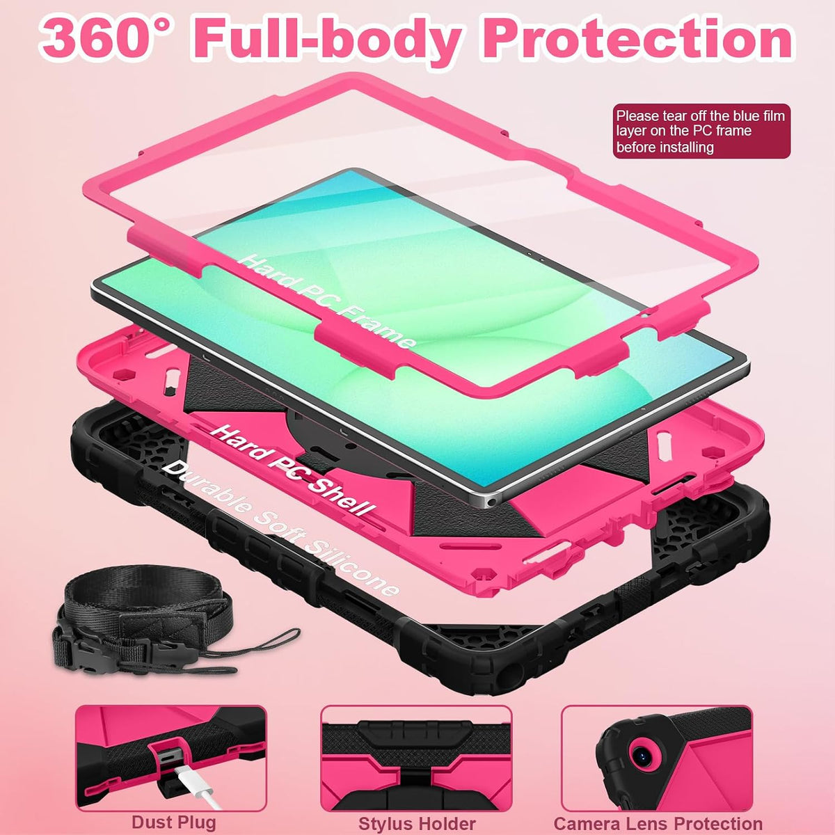 WESOROL Funda para Samsung Galaxy Tab A11 Plus Galaxy Tab A9 Plus de 11 pulgadas, a prueba de golpes para tableta Samsung A11+/A9+ con protector de pantalla con soporte giratorio de 360 grados, soporte para lápices, negro y rosa