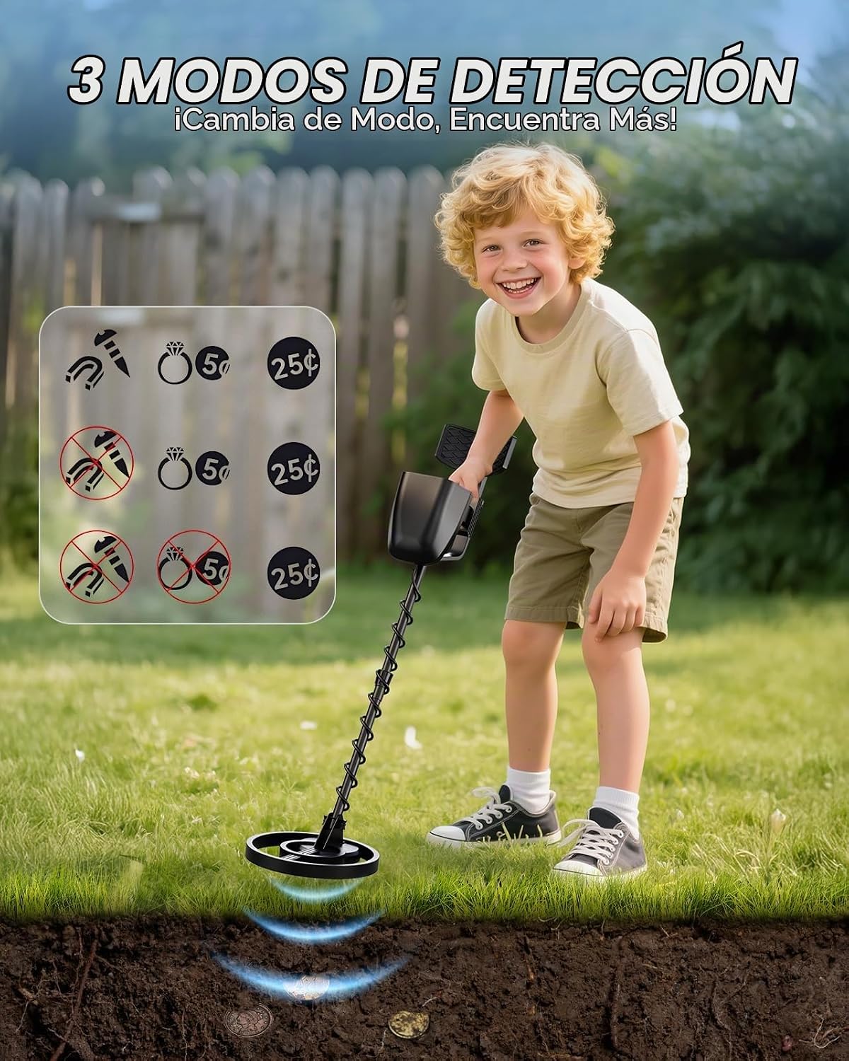 Detector de metales para niños, fácil de usar, divertida pantalla LCD, detector de metales ligero y ajustable para niños, bobina impermeable de 8 pulgadas, caza en la playa/patio trasero, regalos para niños de 8 a 12 años (kit recargable)