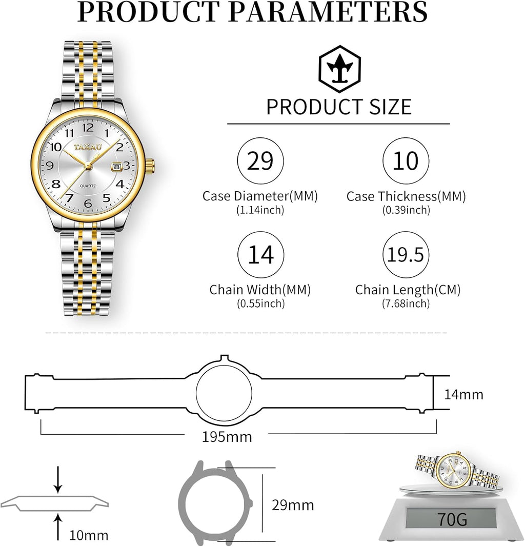 Reloj de Mujer Elegante Analógico a Cuarzo con Carga de Fecha, Números Arábigos Grandes, Impermeable, Dos Tonos, Acero Inoxidable, Pequeño, Reloj de Muñeca