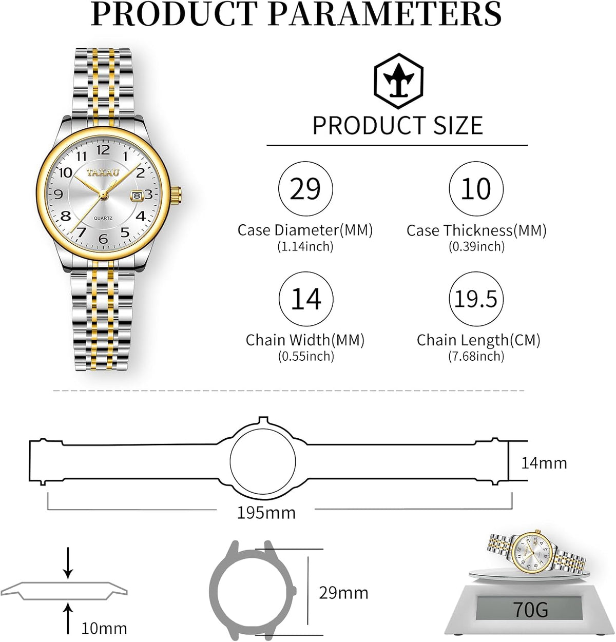 Reloj de Mujer Elegante Analógico a Cuarzo con Carga de Fecha, Números Arábigos Grandes, Impermeable, Dos Tonos, Acero Inoxidable, Pequeño, Reloj de Muñeca