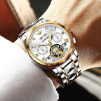 Relojes automáticos de esqueleto para hombre, reloj de pulsera de lujo mecánico de cuerda automática de cristal de zafiro, reloj de acero de tungsteno, 164.0 ft, impermeable, luminoso, sin batería, Dorado, carátula blanca de acero tungsteno, redondo