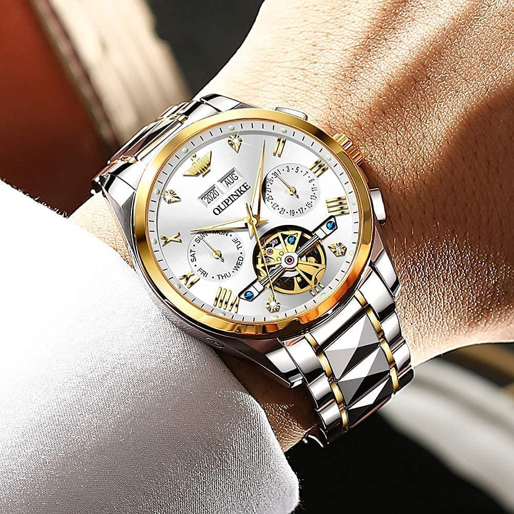 Relojes automáticos de esqueleto para hombre, reloj de pulsera de lujo mecánico de cuerda automática de cristal de zafiro, reloj de acero de tungsteno, 164.0 ft, impermeable, luminoso, sin batería, Dorado, carátula blanca de acero tungsteno, redondo