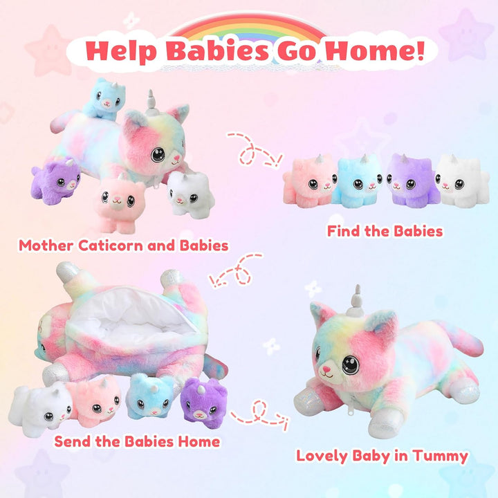 SQEQE Gato Unicornio de Peluche Mamá Gato Unicornio con 4 Lindos Ga...
