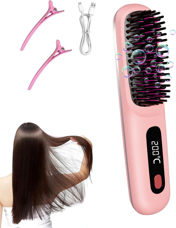 Go Brush Pro for Short Hair, Cordless Hair Straightener Brush (Pink...