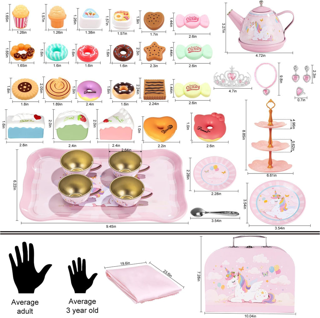iAOVUEBY Juego de fiesta de té para niñas pequeñas, 49 juguetes de princesa para la hora del té, incluyendo estuche de transporte de postre Teaset, juguetes de cocina para niños, regalos de cumpleaños para niñas pequeñas para niños de 3 a 8 años, sueño