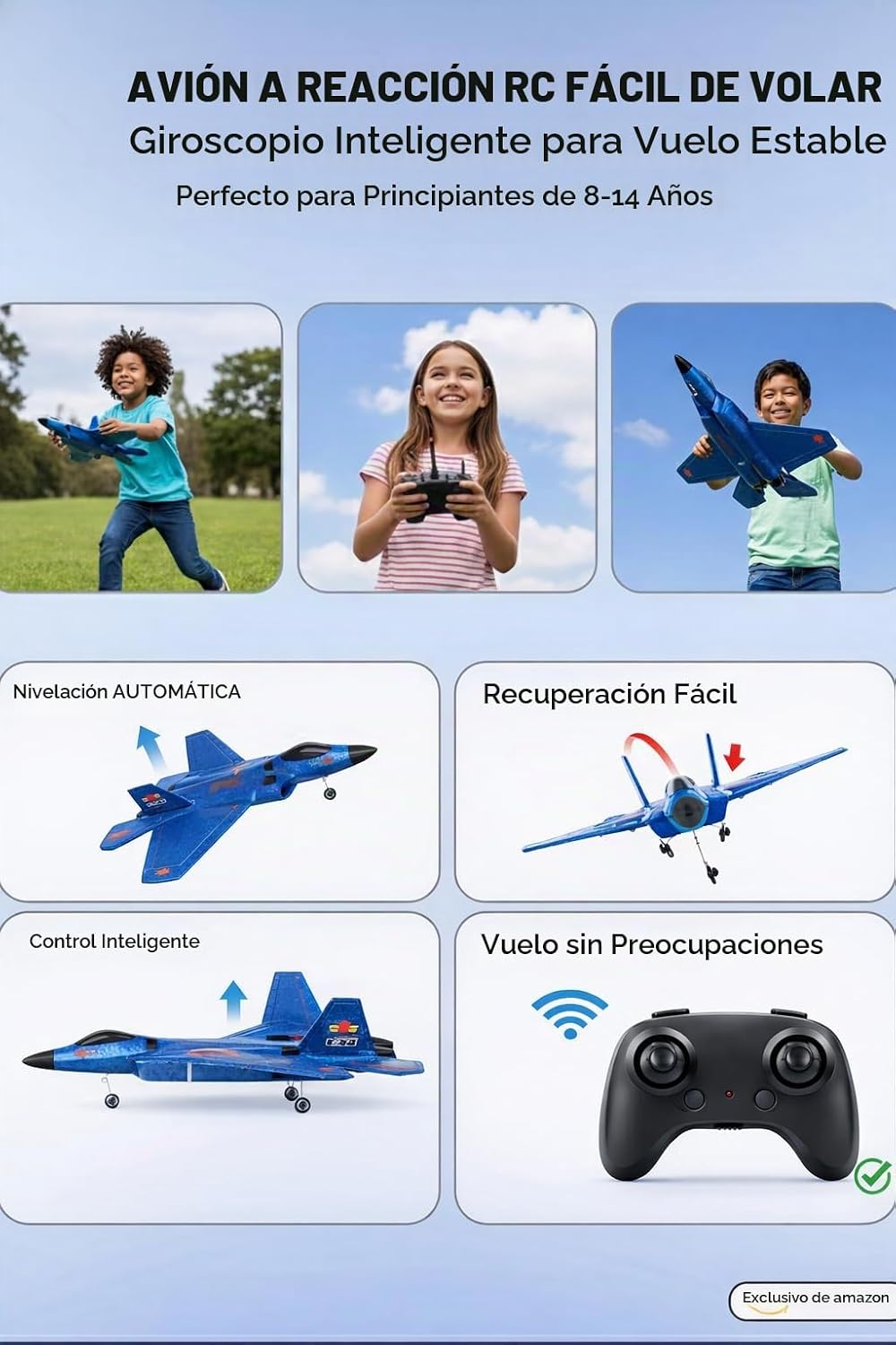 ANTSIR F-22 Avión RC, avión RC de espuma fácil de volar de 2.4 GHz, 2 CH RTF, azul