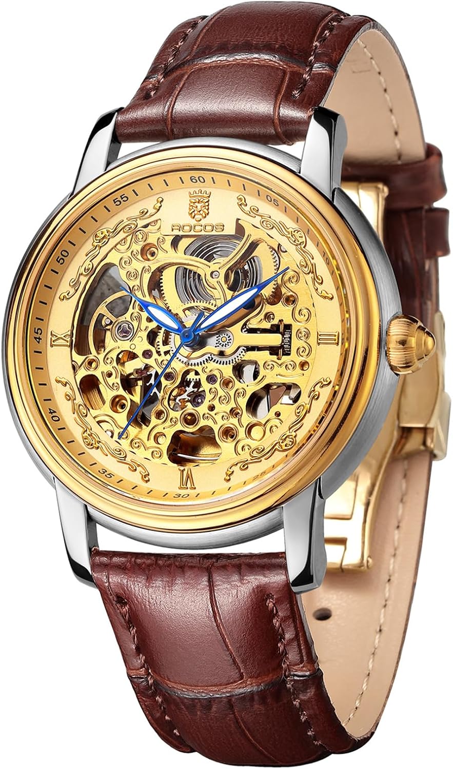 ROCOSJEWE Reloj mecánico automático para hombre, reloj de lujo retro esqueletizado dorado correa marrón con cierre de mariposa luminoso y resistente al agua regalo