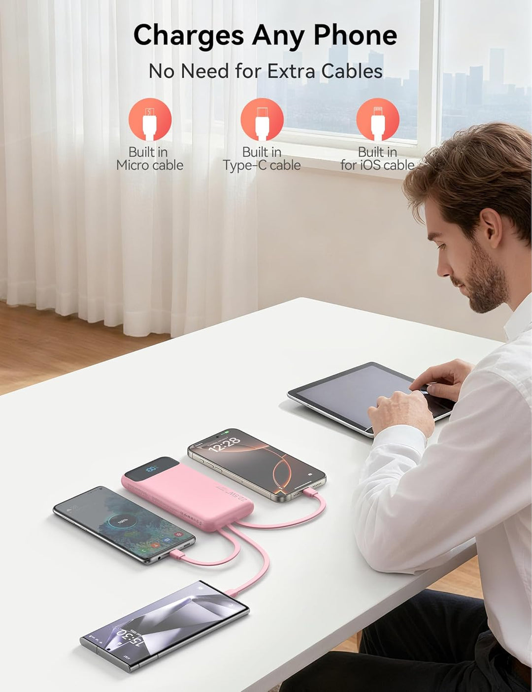 Cargador portátil de 10000 mAh integrado con 4 cables, cargador de...