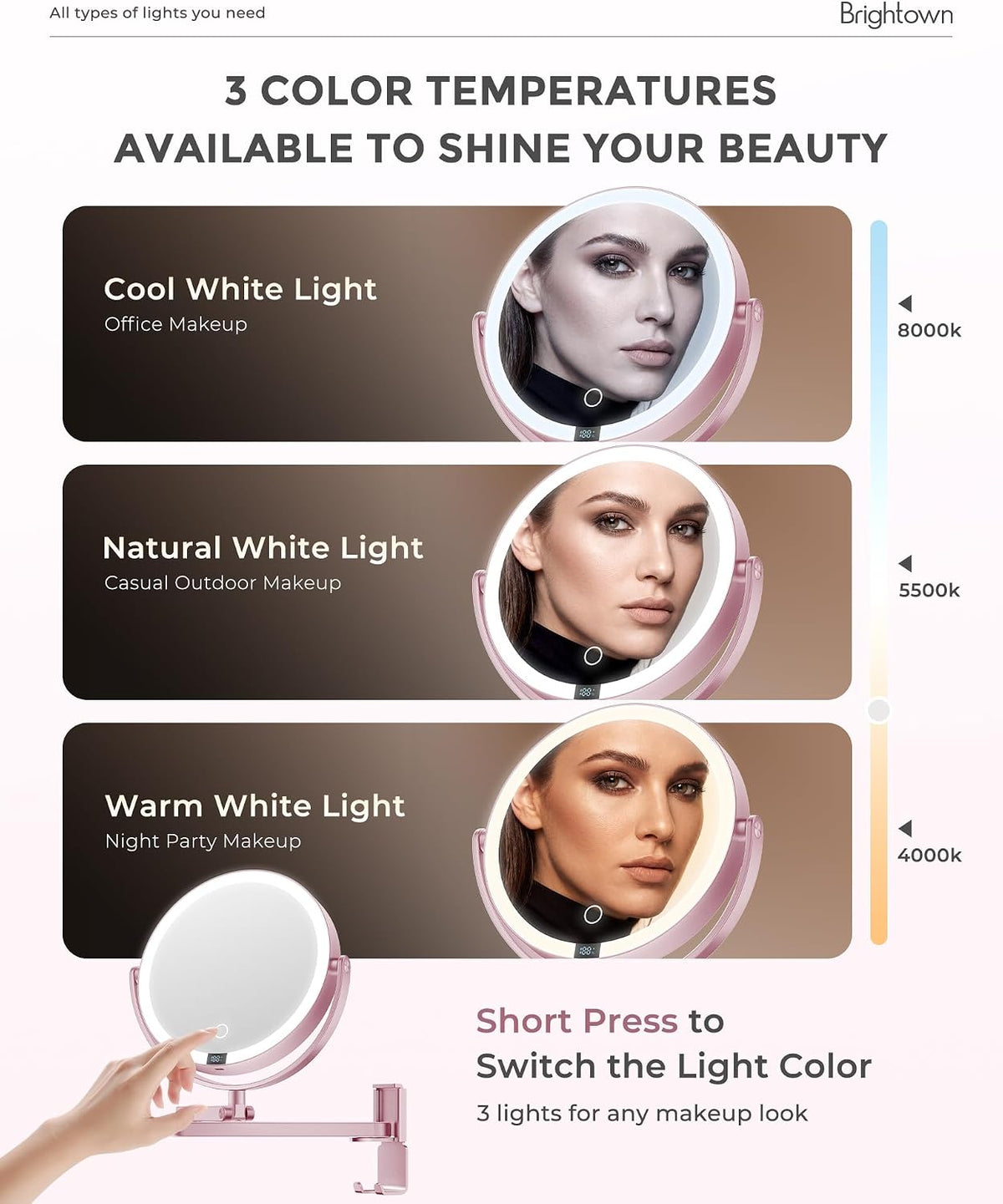 Espejo de maquillaje iluminado montado en la pared de 8 pulgadas, espejo de