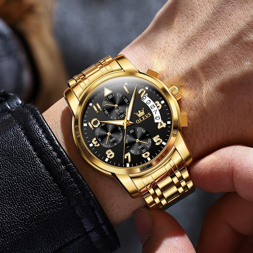 OLEVS Relojes de Oro para Hombres Reloj de Pulsera de Lujo a Prueba de Agua Gran Cara Elegante Acero Inoxidable Analógico Cuarzo Fecha Cronógrafo Luminoso Lectura Fácil Relojes de Negocios Regalos para Hombres Graduación