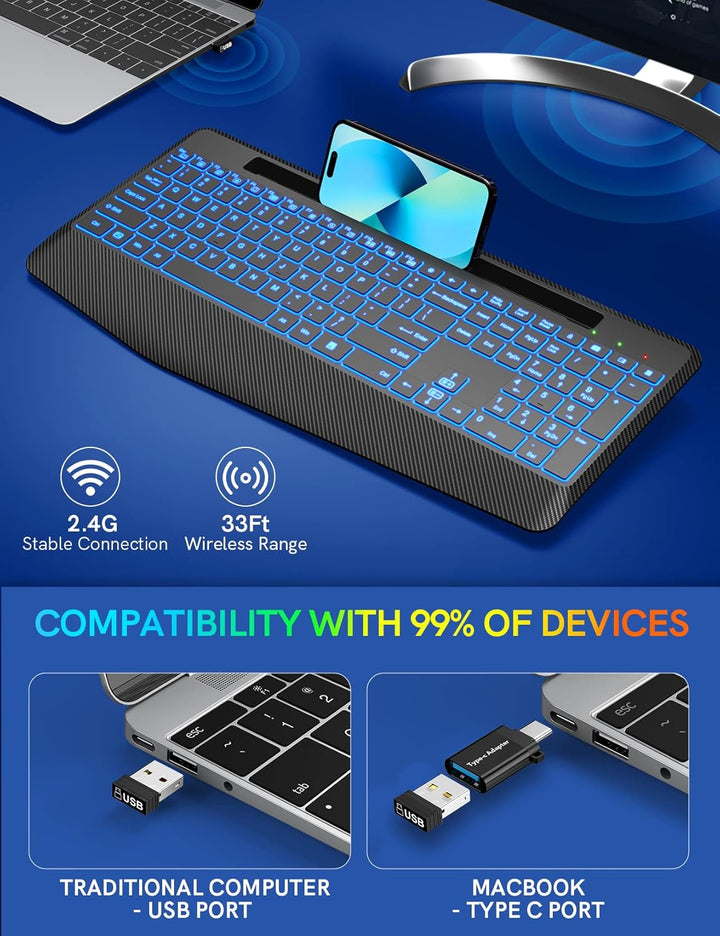 Teclado inalámbrico con 7 retroiluminaciones de colores, reposamuñe...