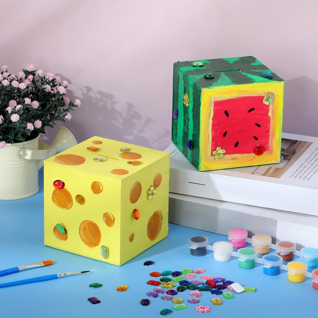 DoubleFill Paquete de 6 kits de manualidades de pintura de banco de madera para niños, banco de bloques de madera sin terminar, incluye 12 pinturas de color, 2 pinceles, 200 diamantes acrílicos, kits