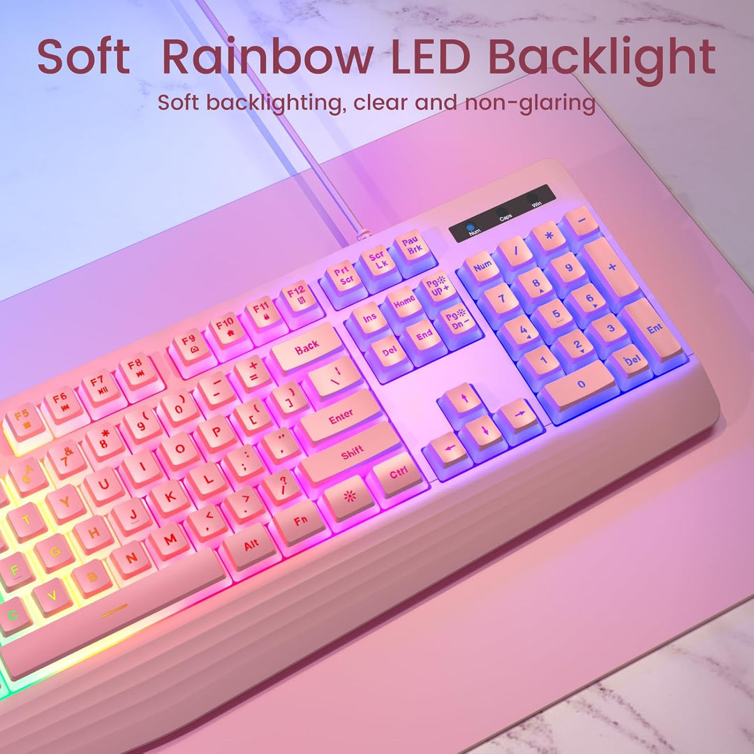 yesbeaut Teclado cremoso rosa, retroiluminación LED arcoíris, tecla...