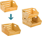 Paquete de 2 cubos de almacenamiento apilables de bambú, contenedores apilables de frente abierto para encimera, cesta organizadora de 2 niveles con asa, contenedor de alimentos y frutas para gabinete, cocina, estudio, oficina