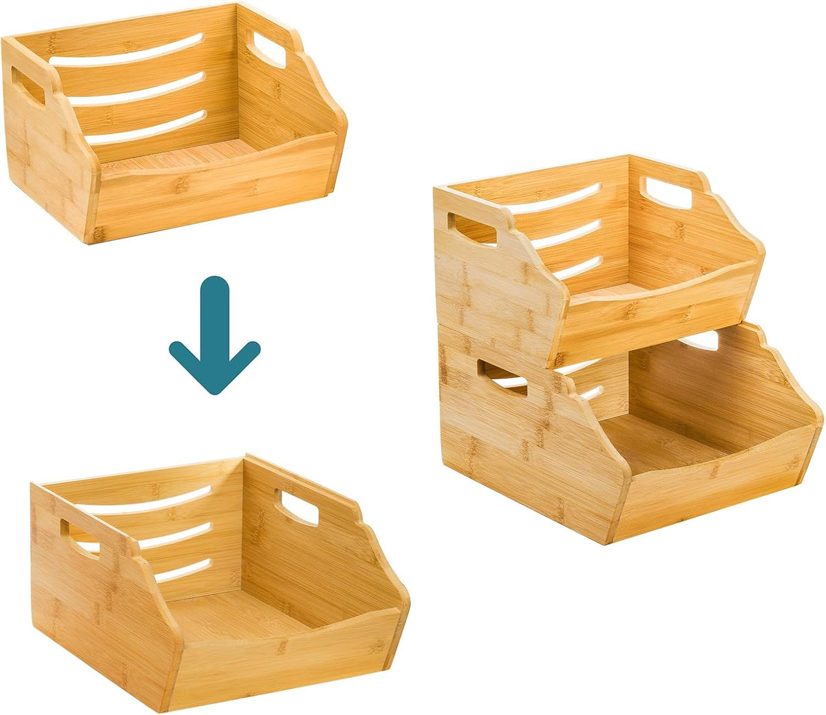 Paquete de 2 cubos de almacenamiento apilables de bambú, contenedores apilables de frente abierto para encimera, cesta organizadora de 2 niveles con asa, contenedor de alimentos y frutas para gabinete, cocina, estudio, oficina