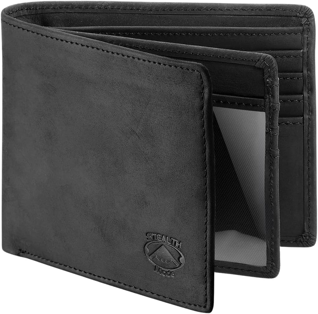 Cartera plegable de piel Stealth Mode para hombre con ventana de identificación y bloqueo RFID