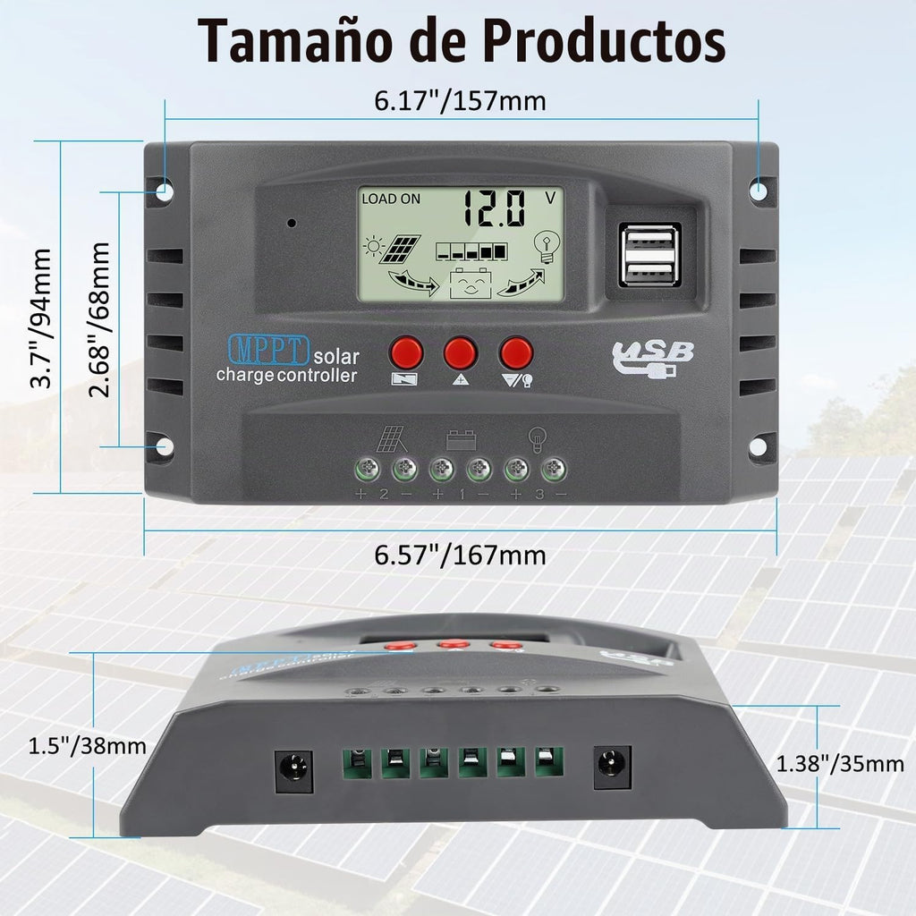 Controlador de carga de panel solar MPPT de 100 A, controlador de cargador de batería solar automático de 12 V/24 V con pantalla LCD, puerto USB dual y temporizador de ajuste de horas de