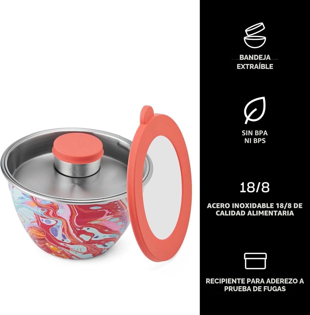 S'well Kit de ensaladera de acero inoxidable de 64 onzas, remolino de mármol, viene con mini recipiente de 2 onzas y bandeja extraíble para organización, a prueba de fugas, fácil de limpiar, apto para