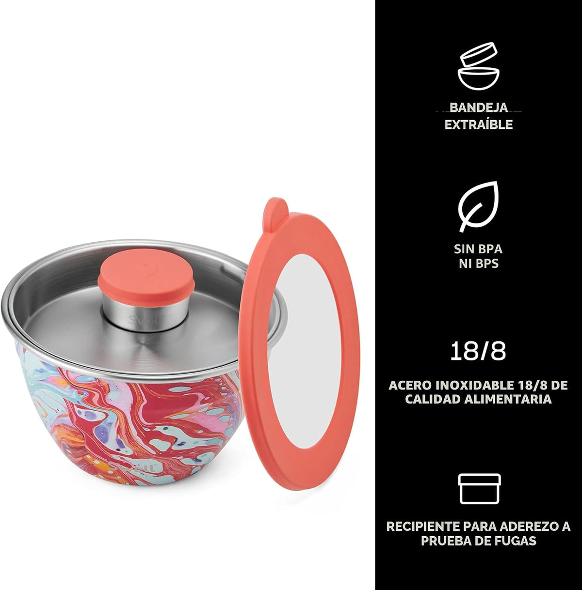 S'well Kit de ensaladera de acero inoxidable de 64 onzas, remolino de mármol, viene con mini recipiente de 2 onzas y bandeja extraíble para organización, a prueba de fugas, fácil de limpiar, apto para