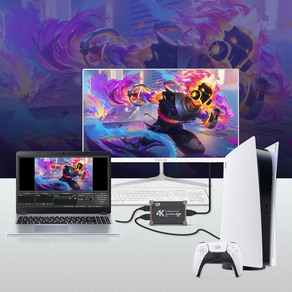 Redragon VC321 - Tarjeta de captura de video 4K, USB 3.0 1080p 60 fps captura de video, paso HDMI 4K, transmisión de latencia cero, compatible con Windows/Mac, captura de juegos para PS5, Xbox, NS