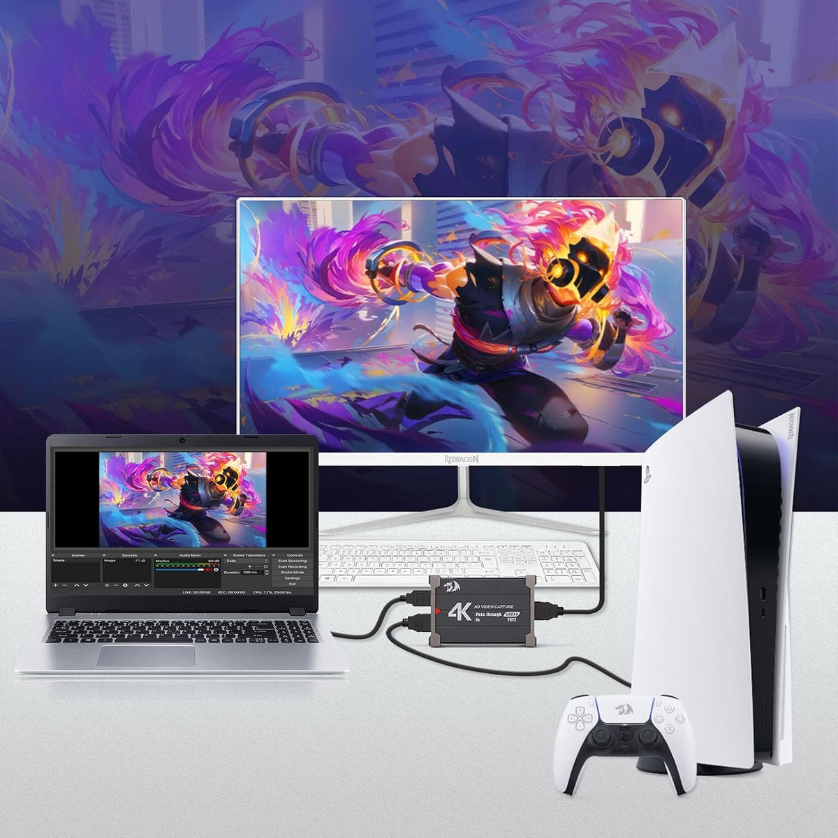 Redragon VC321 - Tarjeta de captura de video 4K, USB 3.0 1080p 60 fps captura de video, paso HDMI 4K, transmisión de latencia cero, compatible con Windows/Mac, captura de juegos para PS5, Xbox, NS