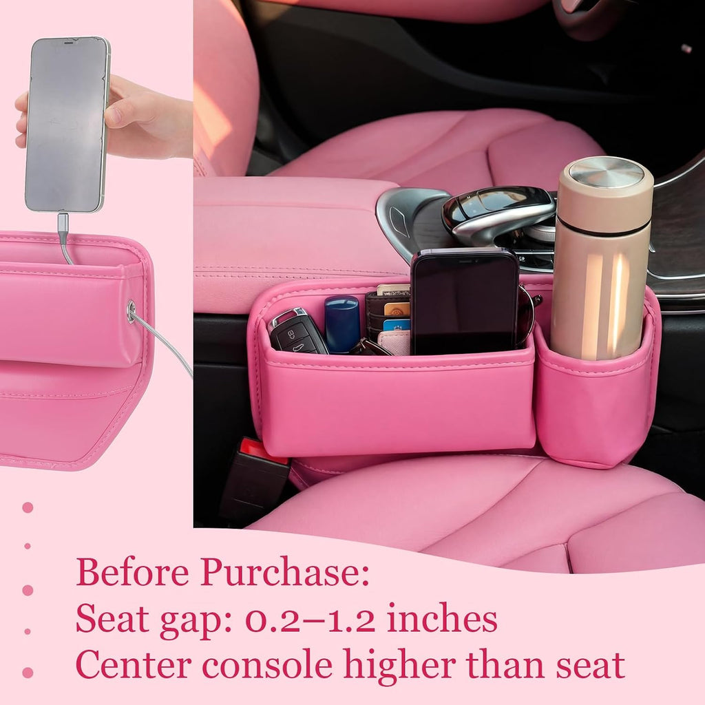 Aliceset Paquete de 2 organizadores de asiento de automóvil rosa con portavasos y organizador de cuero para llaves, tarjetas, teléfono, gafas de sol y artículos pequeños