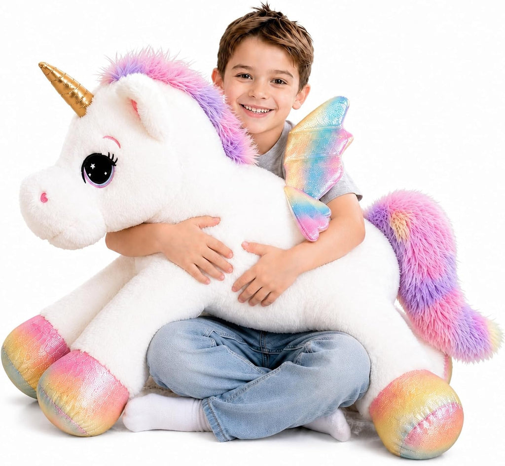 Almohada de peluche de unicornio de 32 pulgadas, suave juguete de peluche grande de unicornio con alas de arcoíris, bonita almohada para abrazar para niños, niñas y adultos, almohada de felpa