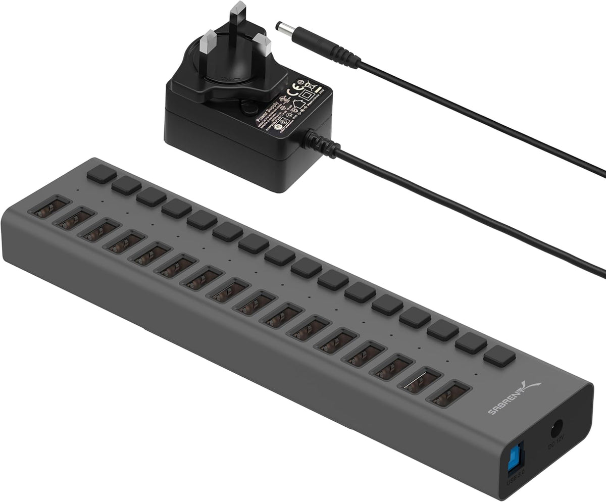 SABRENT, MKI-1200800C8, hub USB 3.0 de 16 puertos, alimentado, adaptador 12V/7.5A