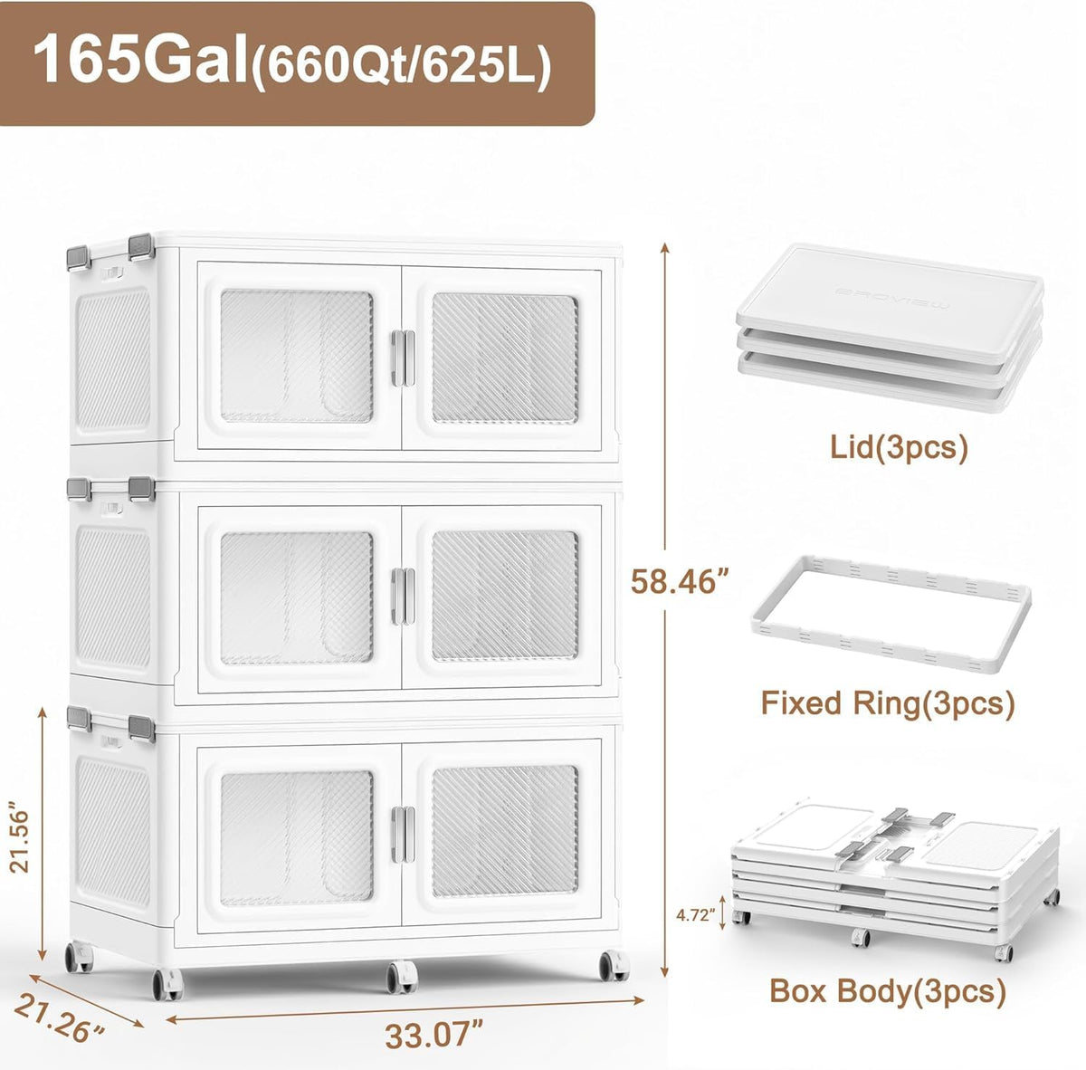 BROVIEW - Contenedores apilables extra grandes de 660 cuartos de galón con