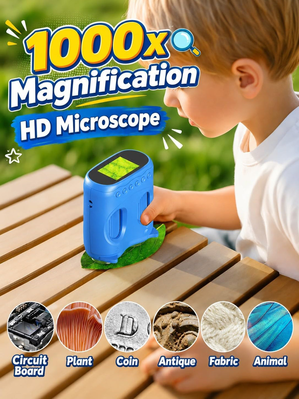 Microscopio digital para niños con telescopio, microscopio de mano Ashfly 1000X con foto de pantalla y video, juguetes educativos STEM para niños de 4 a 12 años, regalo para niños y niñas, exploración