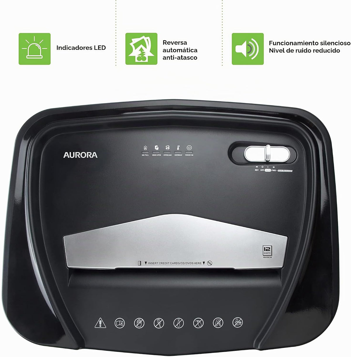 Aurora Grado Profesional de Alta Seguridad - Trituradora de Papel de Microcorte de 12 Hojas/CD y Tarjetas de Crédito/ 60 Minutos de Tiempo de Funcionamiento Continuo