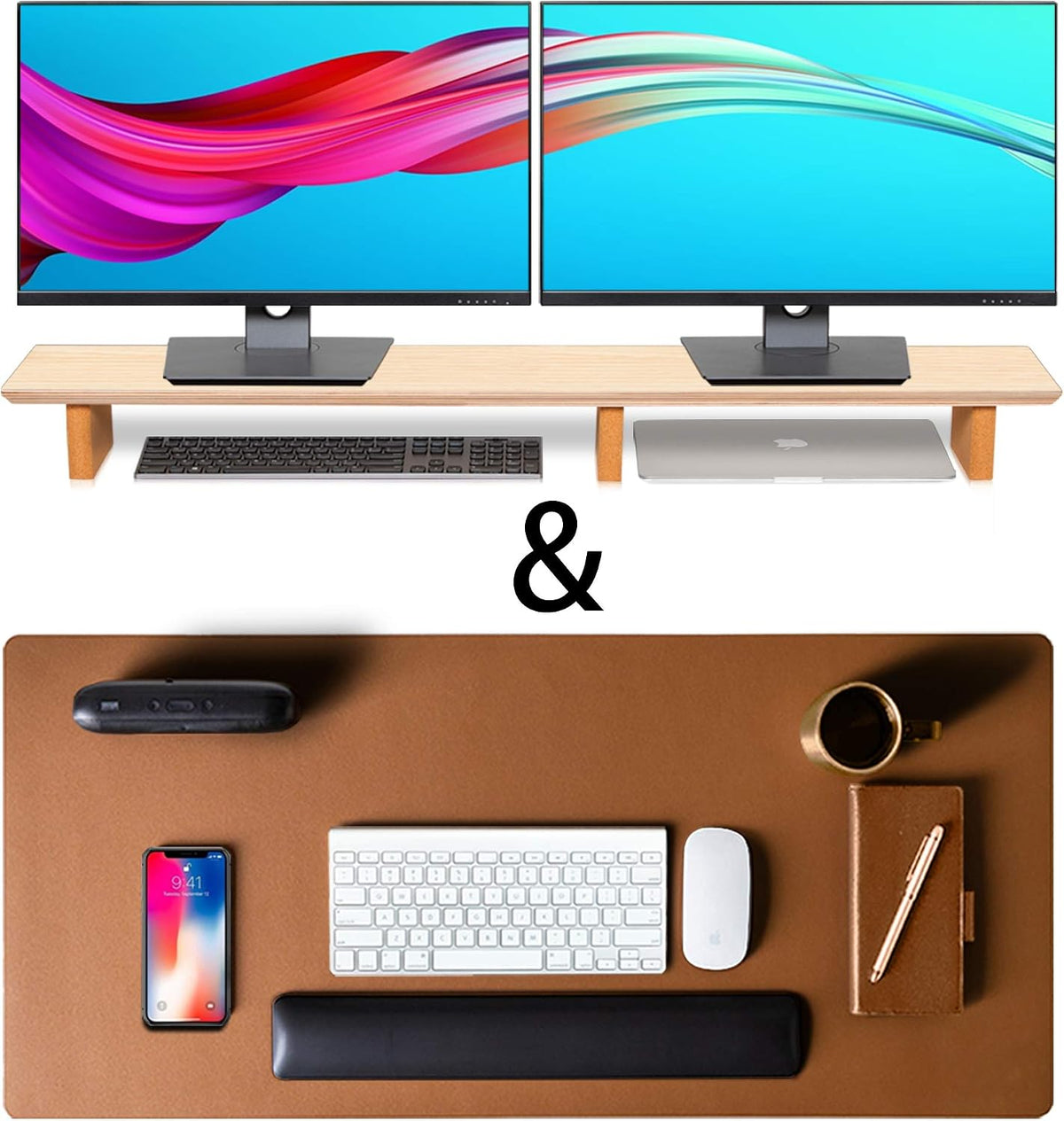 Almohadilla de escritorio de cuero y soporte para monitor