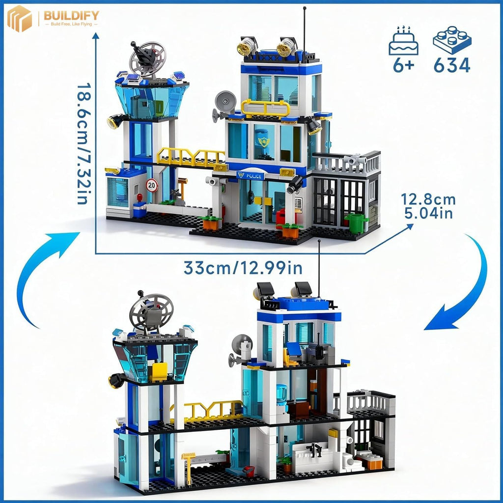 BUILDIFY Juego de bloques de construcción de la estación de policía de la ciudad con luz, 634 kits de estación de HQ con helicóptero, coche de policía y motocicleta. Ideal como regalo coleccionable de cumpleaños para más de 6 fanáticos, niños y niñas