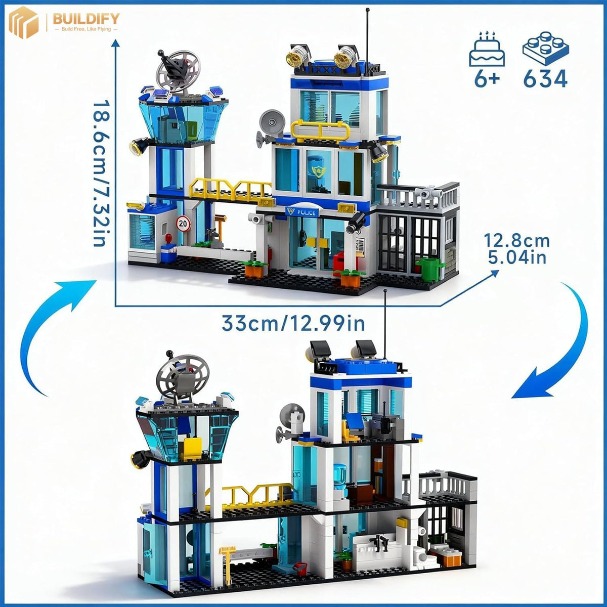 BUILDIFY Juego de bloques de construcción de la estación de policía de la ciudad con luz, 634 kits de estación de HQ con helicóptero, coche de policía y motocicleta. Ideal como regalo coleccionable de cumpleaños para más de 6 fanáticos, niños y niñas