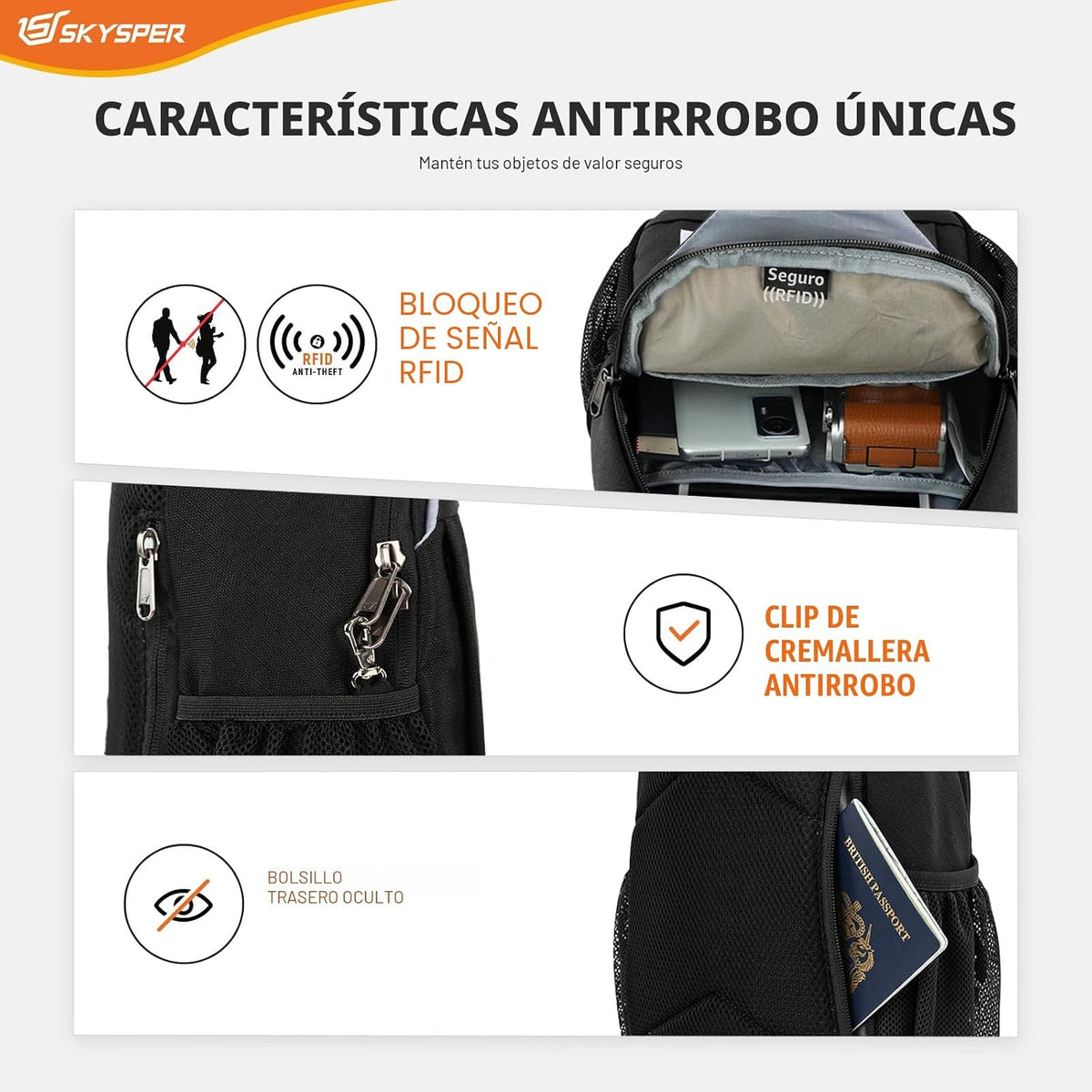 SKYSPER Bolso bandolera RFID Bolsa cruzada Mochila cruzada reciclada Mochila de viaje