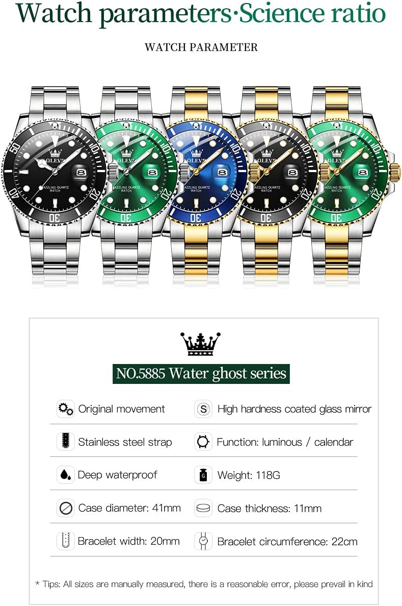 OLEVS Reloj para Hombre Con Diamante Analógico Quartz Negocios Resistente al Agua Acero Inoxidable Fecha Semana Luminiscente Reloj para Hombres
