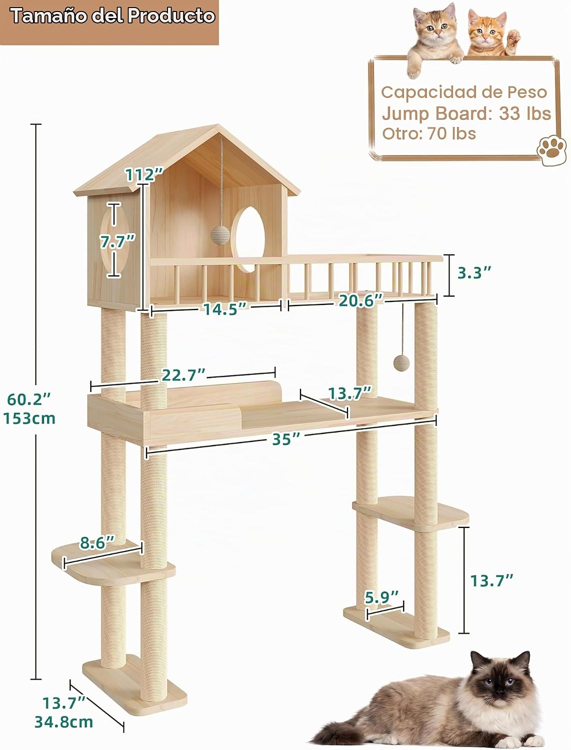 Torre para gatos de 60 pulgadas para caja de arena automática