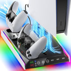 Soporte PS5/PS5 Slim/Pro con ventilador de enfriamiento ajustable, soporte de enfriamiento PS5 para PS5/PS5 Slim/Pro, estación de enfriamiento PS5 con cargadores de controlador dual y luz