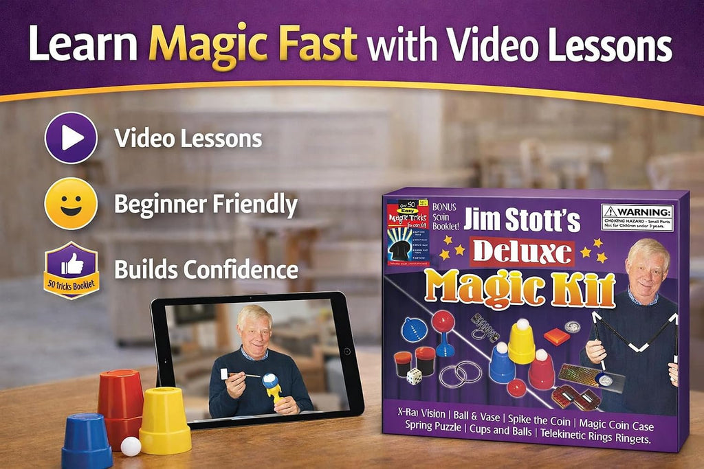 Kit mágico de lujo para niños de 5 a 12 años – Juego mágico de lujo para principiantes con trucos fáciles, instrucciones paso a paso y accesorios clásicos | Regalo divertido para niños y niñas | Jim