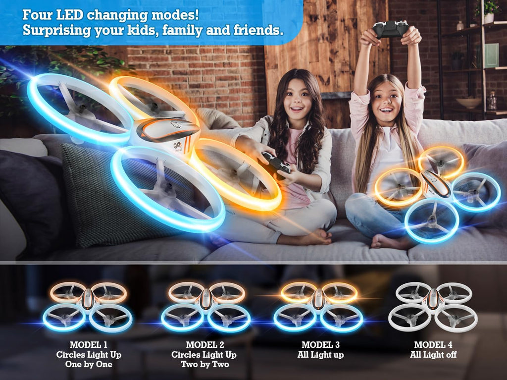 Q9s Drones para niños, dron RC genial con retención de altitud y modo sin cabeza, cuadricóptero de pasatiempos con luz azul y naranja, 2 baterías y control remoto, regalos de cumpleaños y Navidad