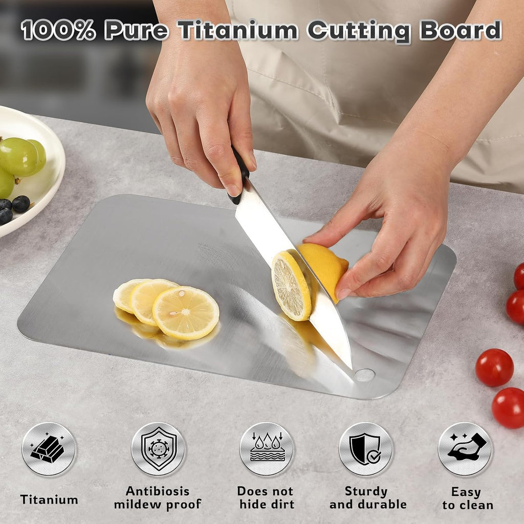 Katori - Tabla de cortar de titanio para cocina, juego de tablas de cortar de titanio de doble cara, tablas de cortar de metal aptas para lavavajillas, ranura para mango en forma de nube (3 piezas S+L