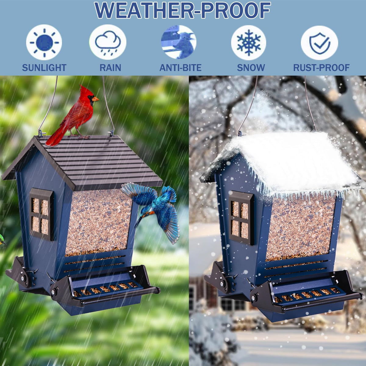 Comedero para pájaros a prueba de ardillas, colgante de metal para semillas de aves silvestres al aire libre, con perchas bilaterales activadas por peso, comedero grande que atrae a cardenales, gallineros y más pájaros, uno en azul