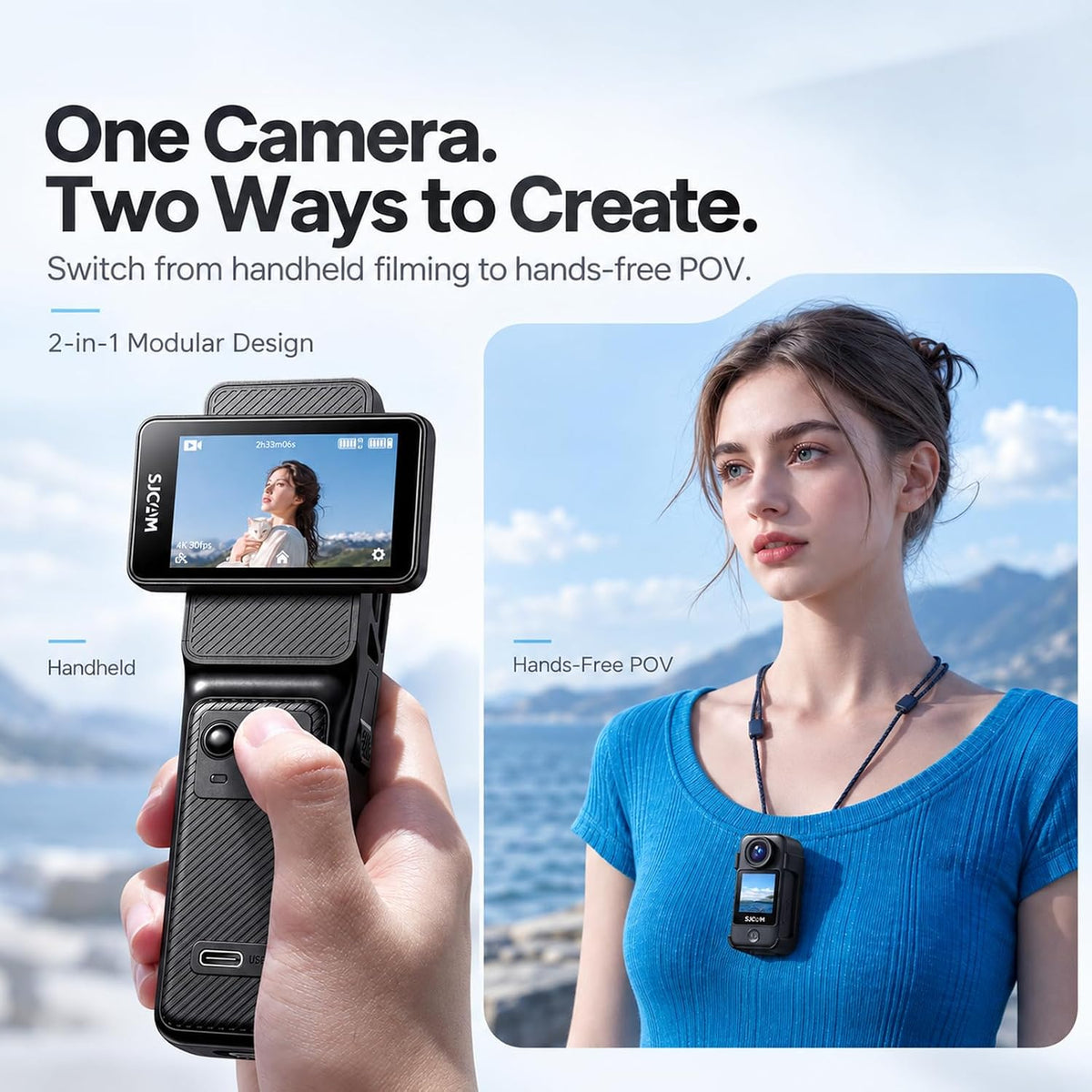 SJCAM Cámara de vlogging C400 PRO 4K con micrófono inalámbrico, cámara de vlog de tarjeta de 128 GB, sensor ultra claro de 1/1.8 pulgadas, cámara de acción de grabación 7H, giroscopio de 6 ejes + EIS