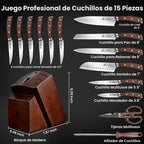 Juego de 15 cuchillos de cocina con bloque de madera de caucho, Nueva mejora