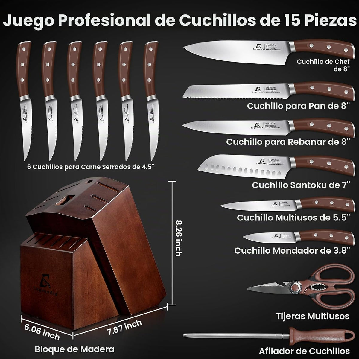 Juego de 15 cuchillos de cocina con bloque de madera de caucho, Nueva mejora