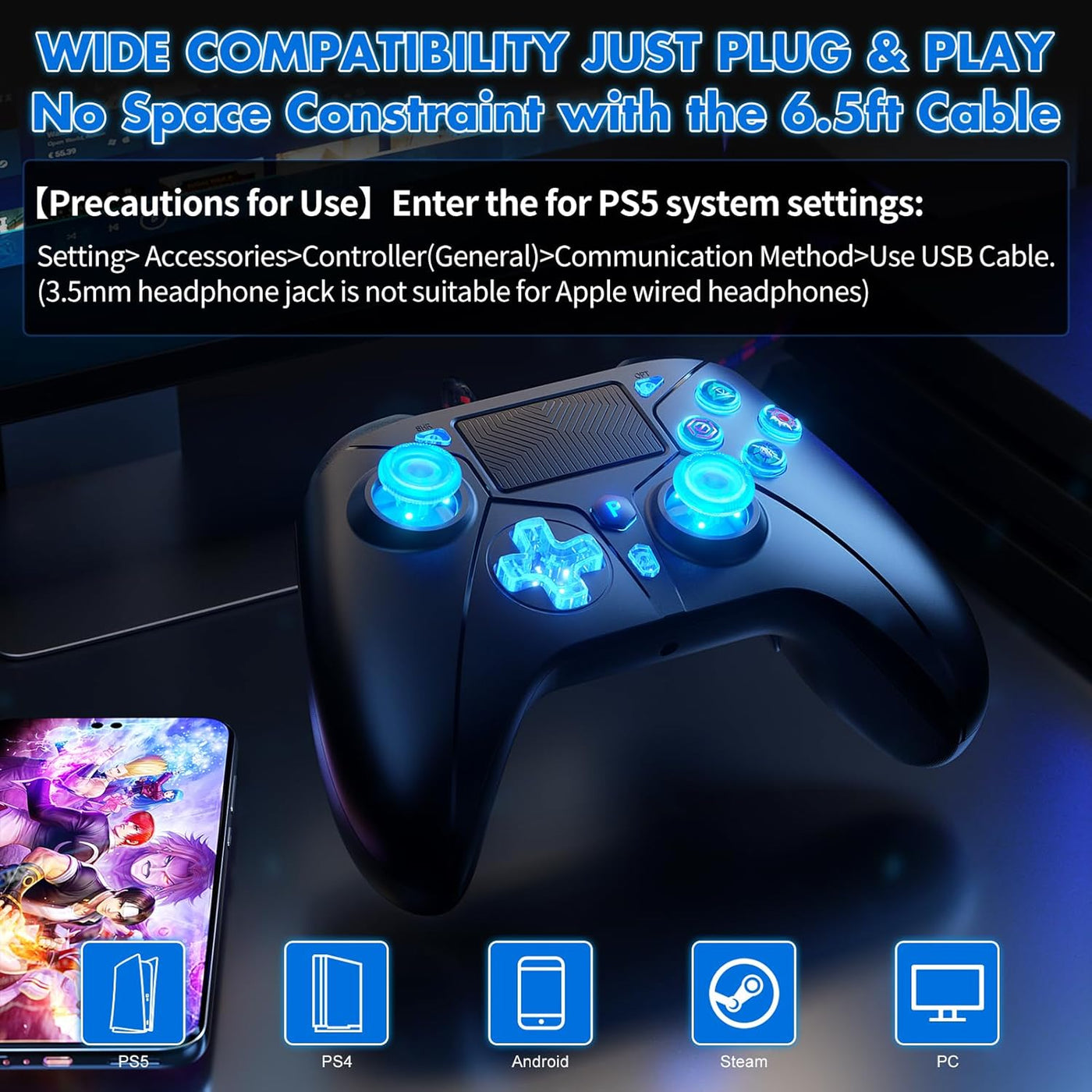 Compatible con controlador PS5, controlador con cable para PlayStat...